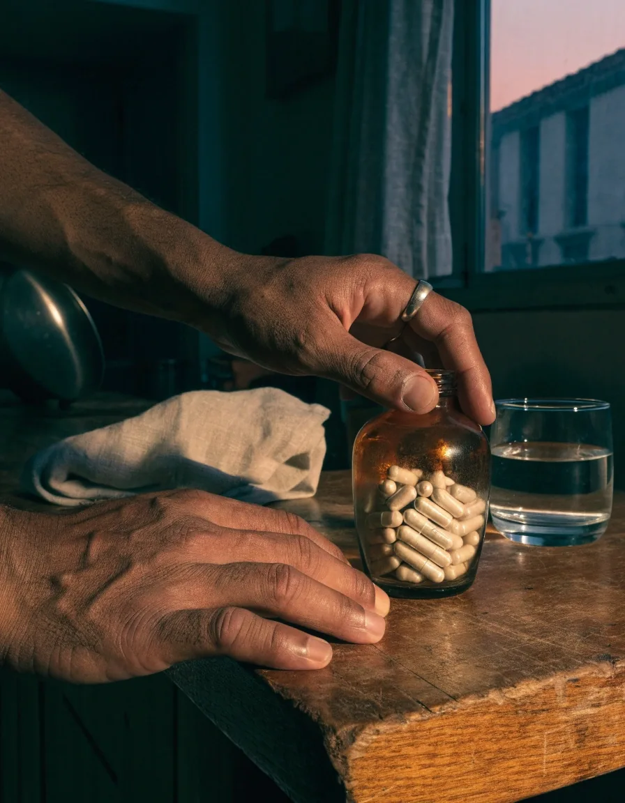 Manos de un hombre preparando su toma diaria en la cocina: frasco mate sin etiqueta legible junto a un vaso de agua en la barra