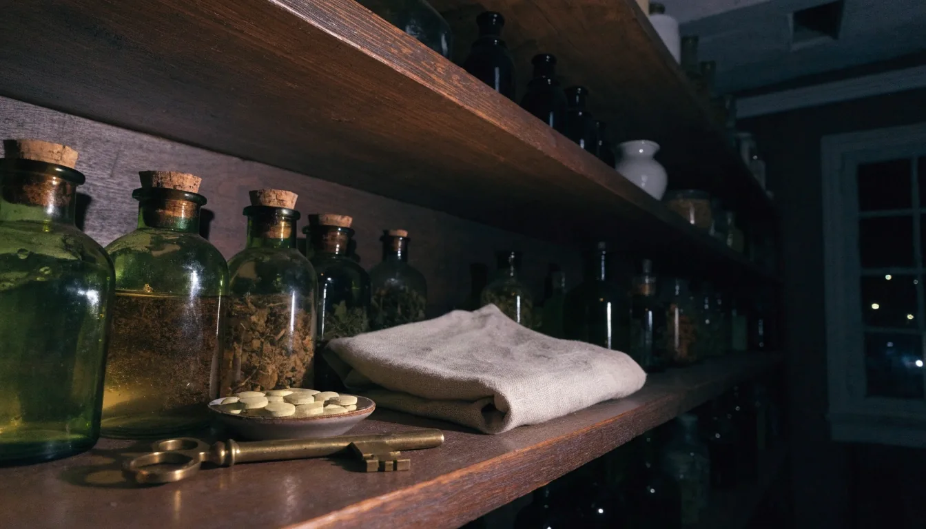 Vitrinas de suplementos naturales para hombres fotografiadas de noche detrás de un vidrio con lluvia, con luz ámbar entrando por la izquierda
