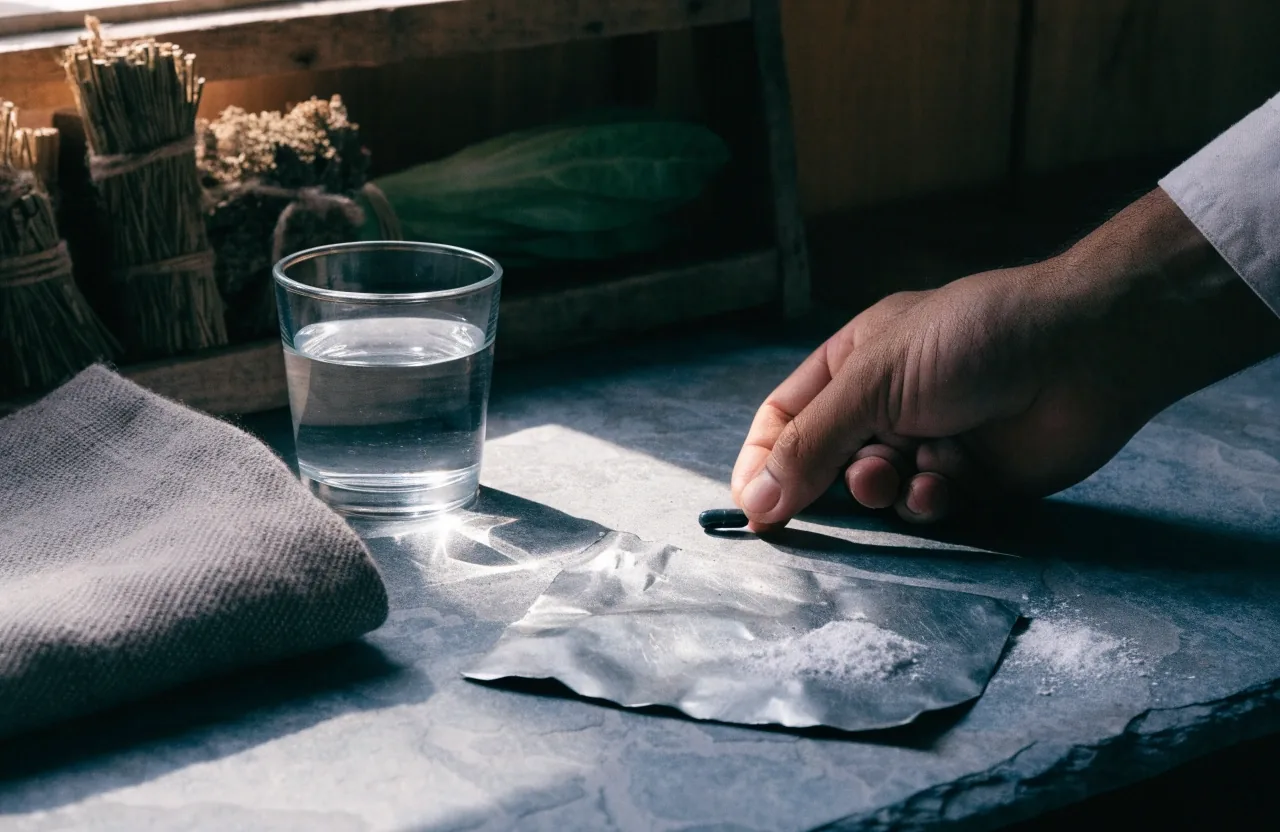 Minerales y cápsulas dispuestos sobre una hoja de papel gris zinc, como una prensa de herbario