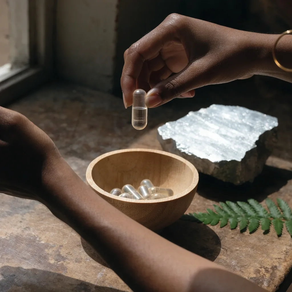 Cápsulas minerales junto a un trozo de zinc y una hoja de helecho sobre una superficie gris mate