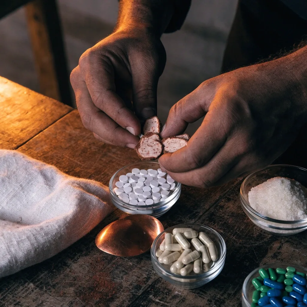 Macro de un pozo de espécimen abierto con un helecho prensado y cristales minerales dispersos