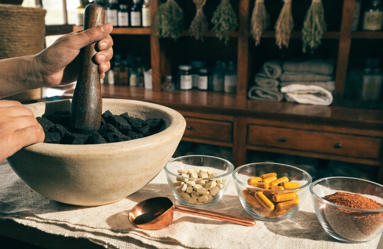 Composición de minerales y raíz seca ordenados sobre una hoja mate gris