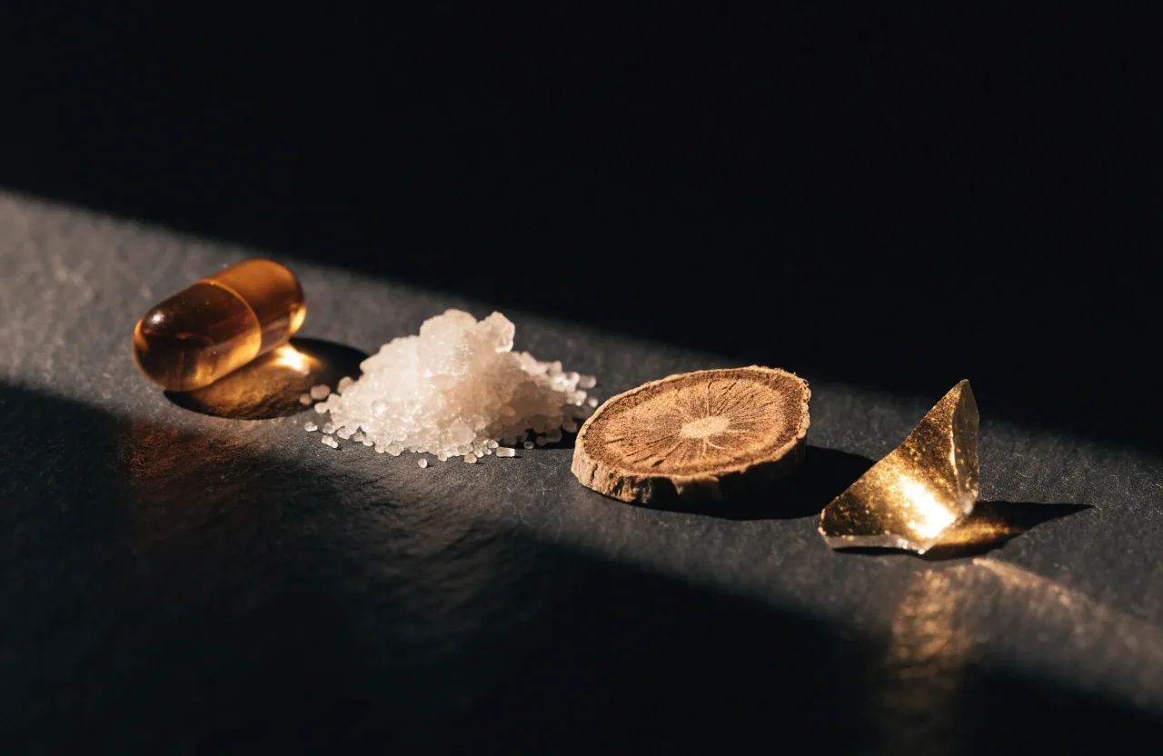 Composición cenital sobre una superficie gris fría con una cápsula transparente y una pequeña selección de minerales y raíces secas, iluminada por una luz ámbar lateral