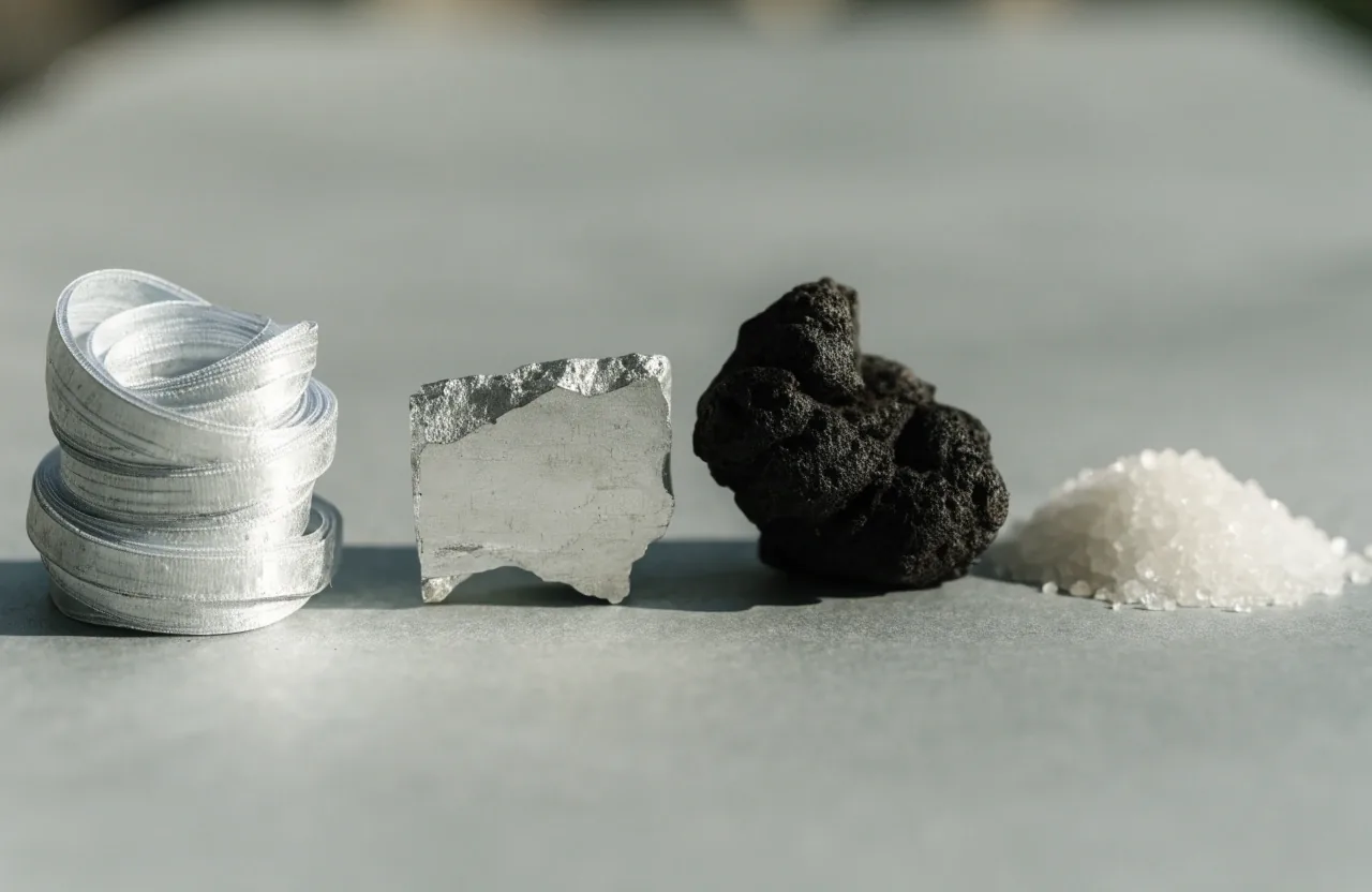 Composición plana sobre lámina gris zinc con pequeñas muestras minerales, raíz de maca negra seca y cristales de creatina